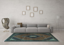 Machine Washable Medallion Light Blue Traditional Rug in a Living Room, wshtr2140lblu