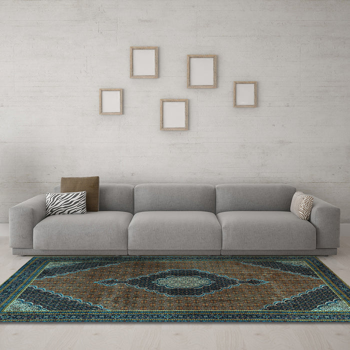 Machine Washable Medallion Light Blue Traditional Rug in a Living Room, wshtr2140lblu
