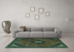 Machine Washable Medallion Turquoise Traditional Area Rugs in a Living Room,, wshtr2140turq