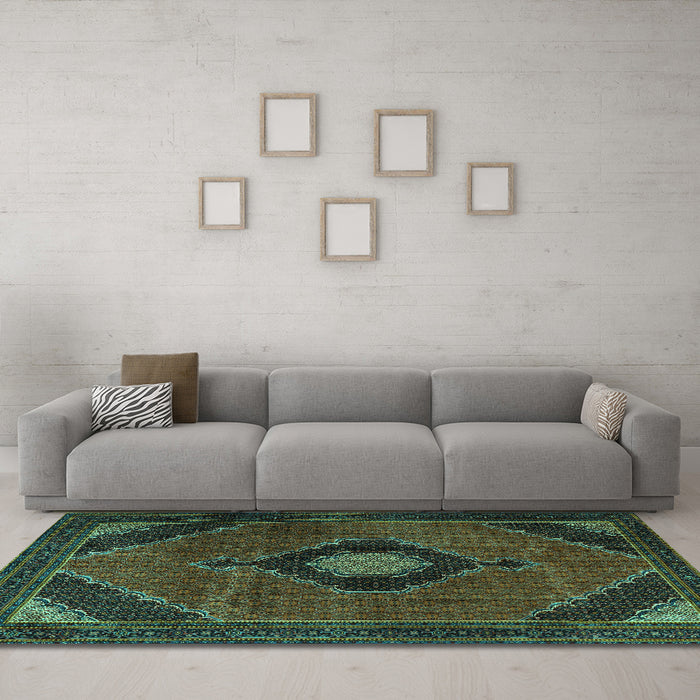 Machine Washable Medallion Turquoise Traditional Area Rugs in a Living Room,, wshtr2140turq