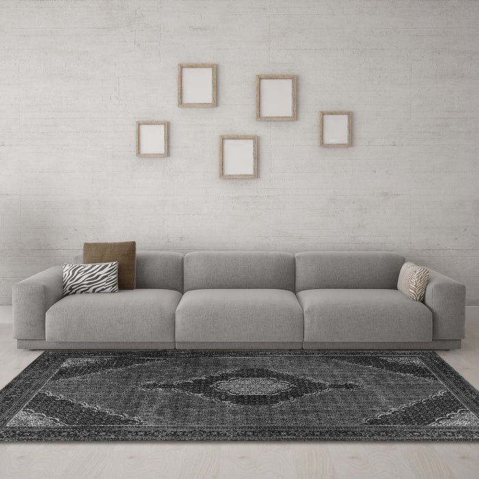 Machine Washable Medallion Gray Traditional Rug in a Living Room,, wshtr2140gry