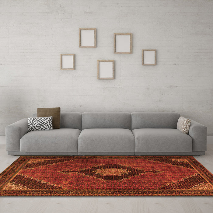 Machine Washable Medallion Orange Traditional Area Rugs in a Living Room, wshtr2140org