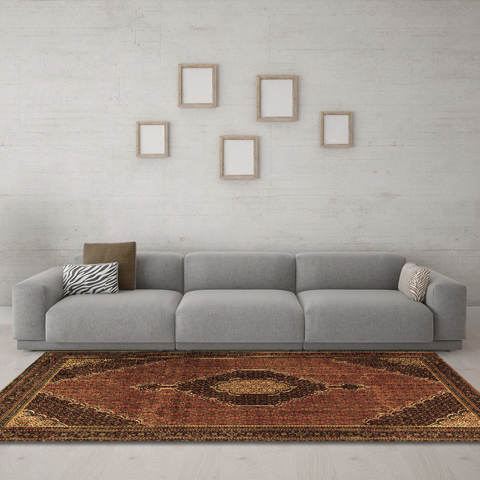 Machine Washable Medallion Brown Traditional Rug in a Living Room,, wshtr2140brn