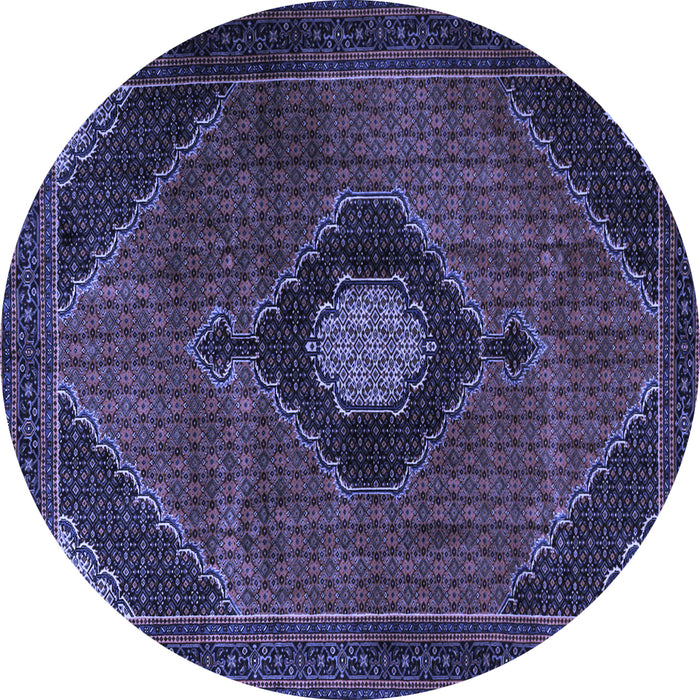 Round Machine Washable Medallion Blue Traditional Rug, wshtr2140blu