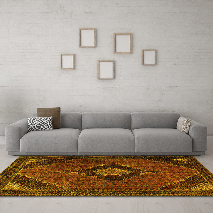 Machine Washable Medallion Yellow Traditional Rug in a Living Room, wshtr2140yw
