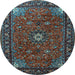 Round Machine Washable Medallion Light Blue Traditional Rug, wshtr2142lblu