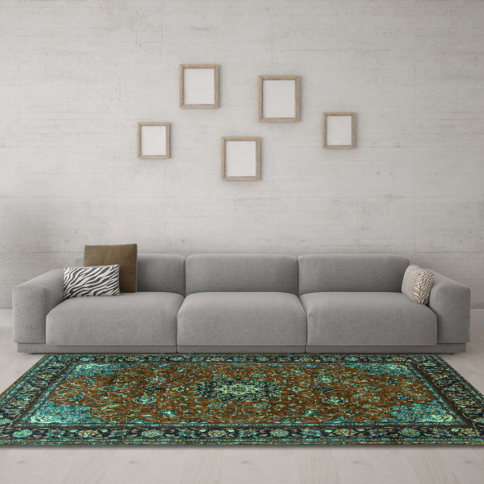 Machine Washable Medallion Turquoise Traditional Area Rugs in a Living Room,, wshtr2142turq