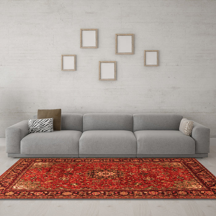 Machine Washable Medallion Orange Traditional Area Rugs in a Living Room, wshtr2142org