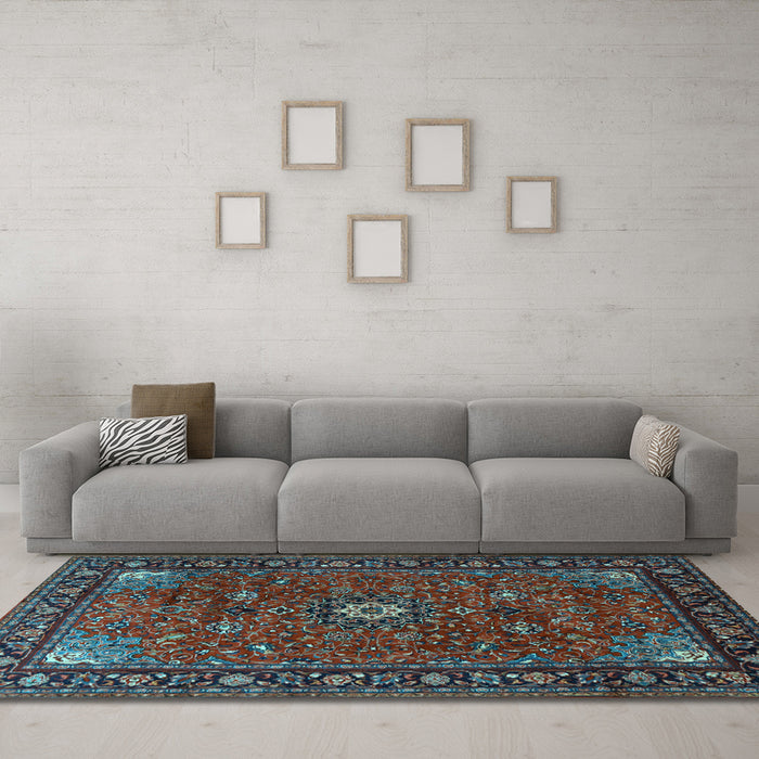 Machine Washable Medallion Light Blue Traditional Rug in a Living Room, wshtr2142lblu
