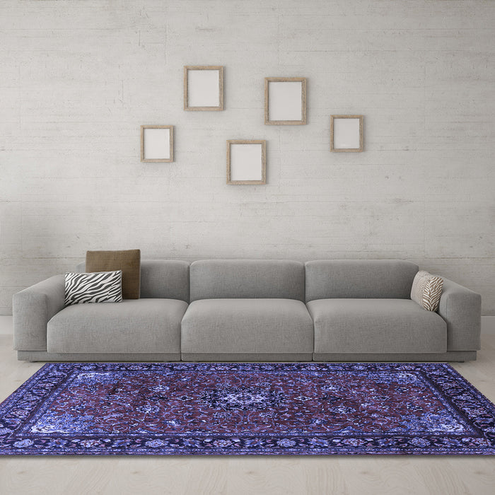 Machine Washable Medallion Blue Traditional Rug in a Living Room, wshtr2142blu