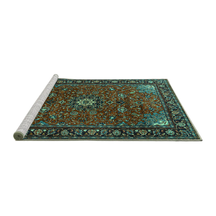 Sideview of Machine Washable Medallion Turquoise Traditional Area Rugs, wshtr2142turq