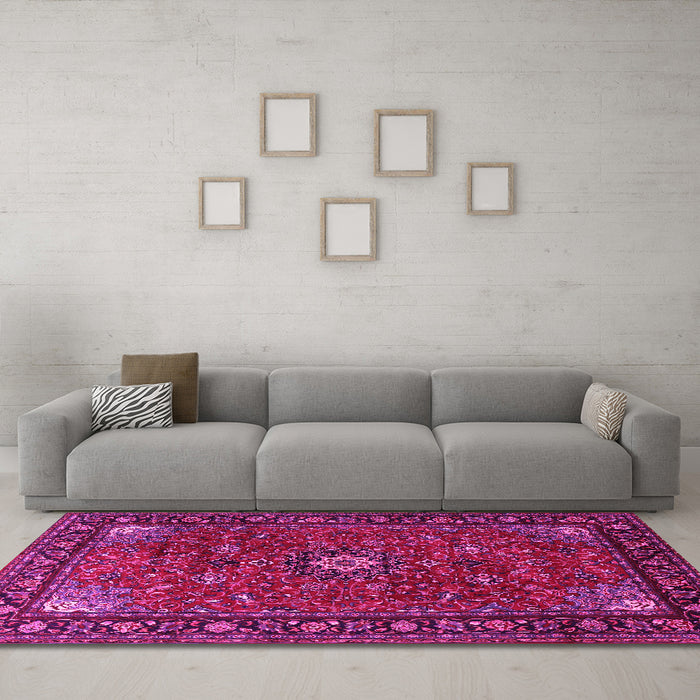Machine Washable Medallion Pink Traditional Rug in a Living Room, wshtr2142pnk