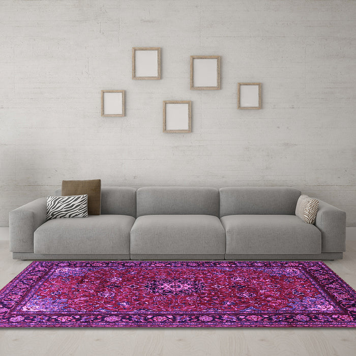 Machine Washable Medallion Purple Traditional Area Rugs in a Living Room, wshtr2142pur