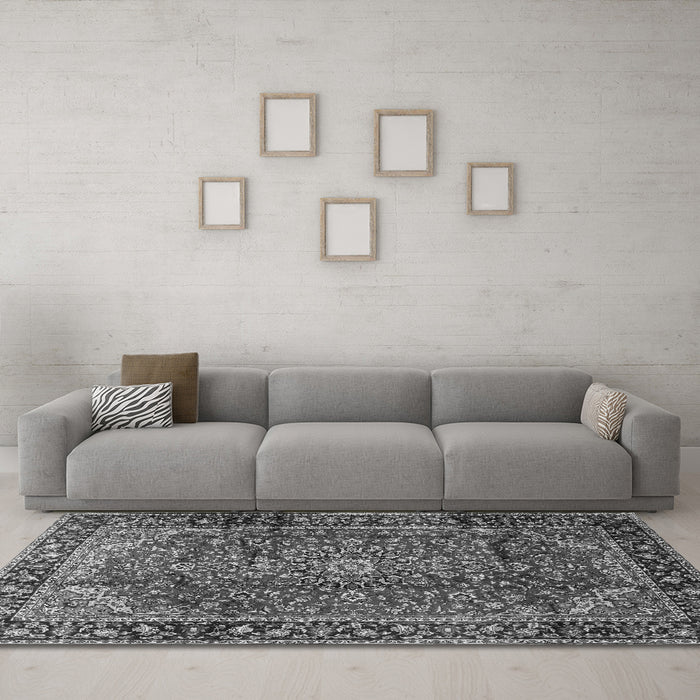 Machine Washable Medallion Gray Traditional Rug in a Living Room,, wshtr2143gry