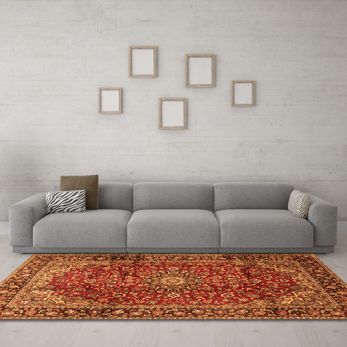 Machine Washable Medallion Orange Traditional Area Rugs in a Living Room, wshtr2143org
