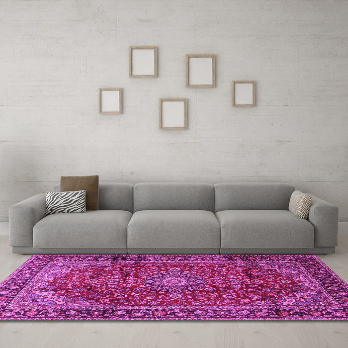 Machine Washable Medallion Pink Traditional Rug in a Living Room, wshtr2143pnk