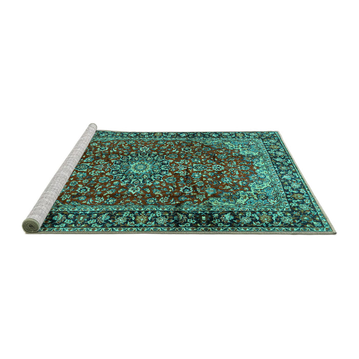 Sideview of Machine Washable Medallion Turquoise Traditional Area Rugs, wshtr2143turq