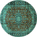 Round Machine Washable Medallion Turquoise Traditional Area Rugs, wshtr2143turq