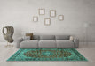 Machine Washable Medallion Turquoise Traditional Area Rugs in a Living Room,, wshtr2143turq