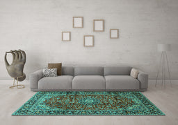 Machine Washable Medallion Turquoise Traditional Area Rugs in a Living Room,, wshtr2143turq