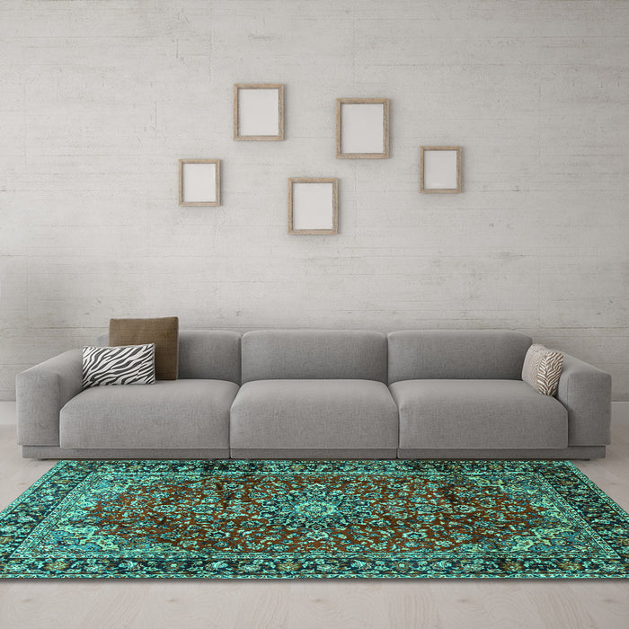 Machine Washable Medallion Turquoise Traditional Area Rugs in a Living Room,, wshtr2143turq
