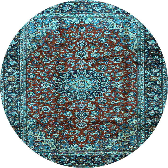 Round Machine Washable Medallion Light Blue Traditional Rug, wshtr2143lblu