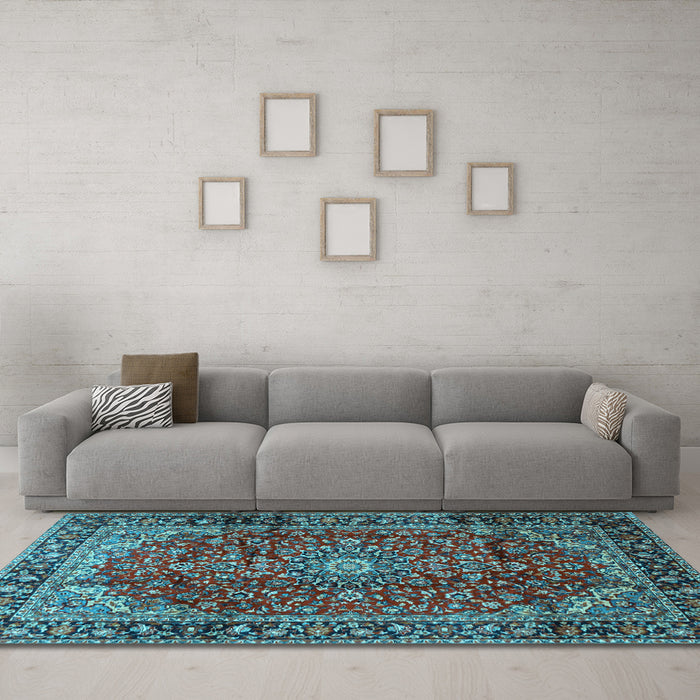 Machine Washable Medallion Light Blue Traditional Rug in a Living Room, wshtr2143lblu