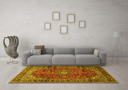 Machine Washable Medallion Yellow Traditional Rug in a Living Room, wshtr2143yw