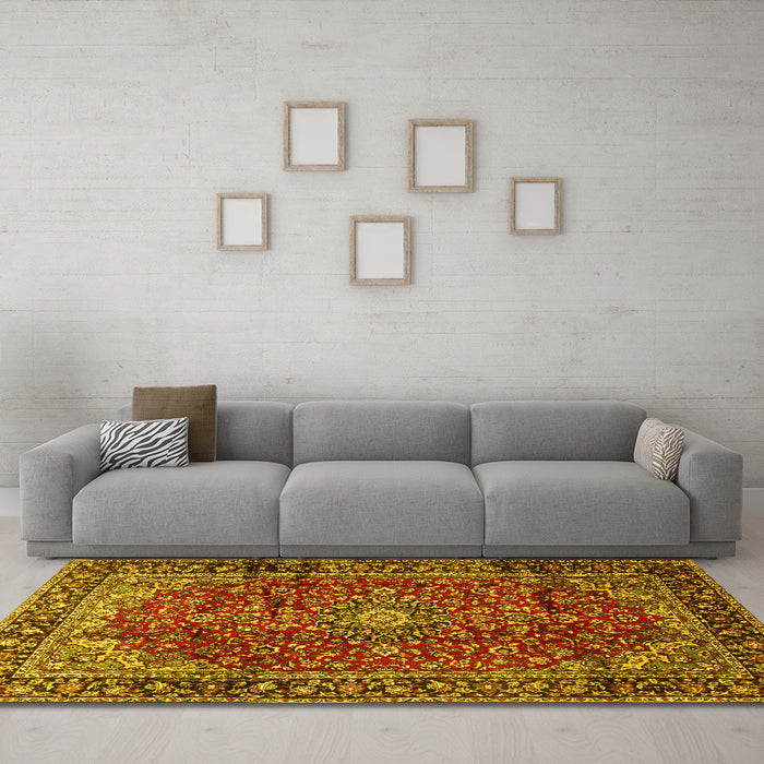 Machine Washable Medallion Yellow Traditional Rug in a Living Room, wshtr2143yw