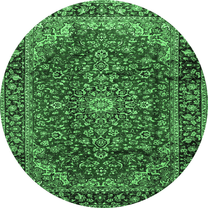 Round Machine Washable Medallion Emerald Green Traditional Area Rugs, wshtr2143emgrn