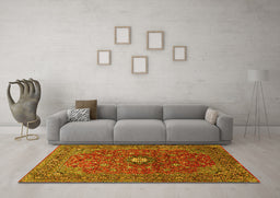 Machine Washable Medallion Yellow Traditional Rug in a Living Room, wshtr2146yw