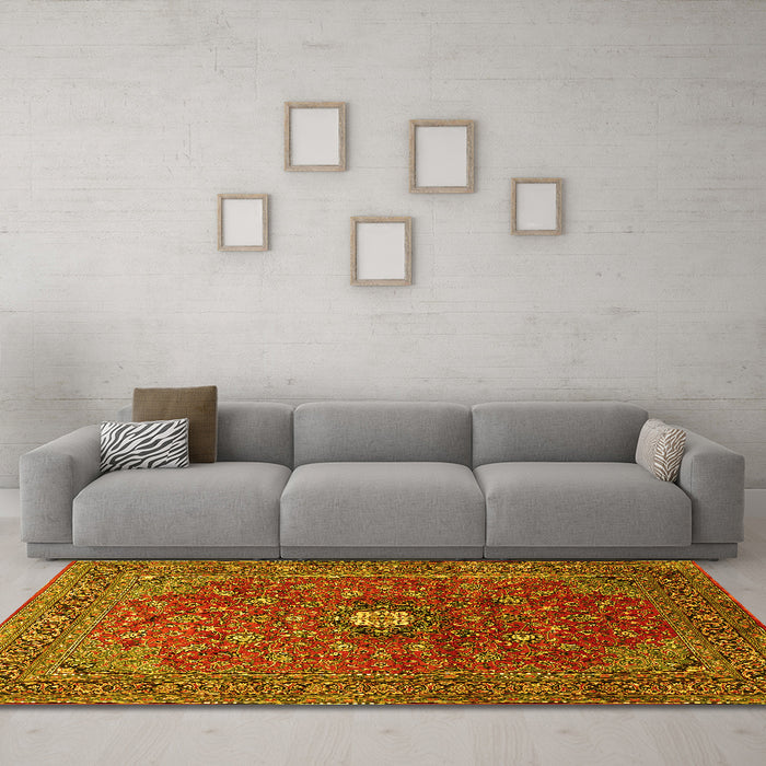 Machine Washable Medallion Yellow Traditional Rug in a Living Room, wshtr2146yw