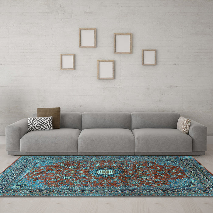 Machine Washable Medallion Light Blue Traditional Rug in a Living Room, wshtr2146lblu