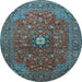 Round Machine Washable Medallion Light Blue Traditional Rug, wshtr2146lblu