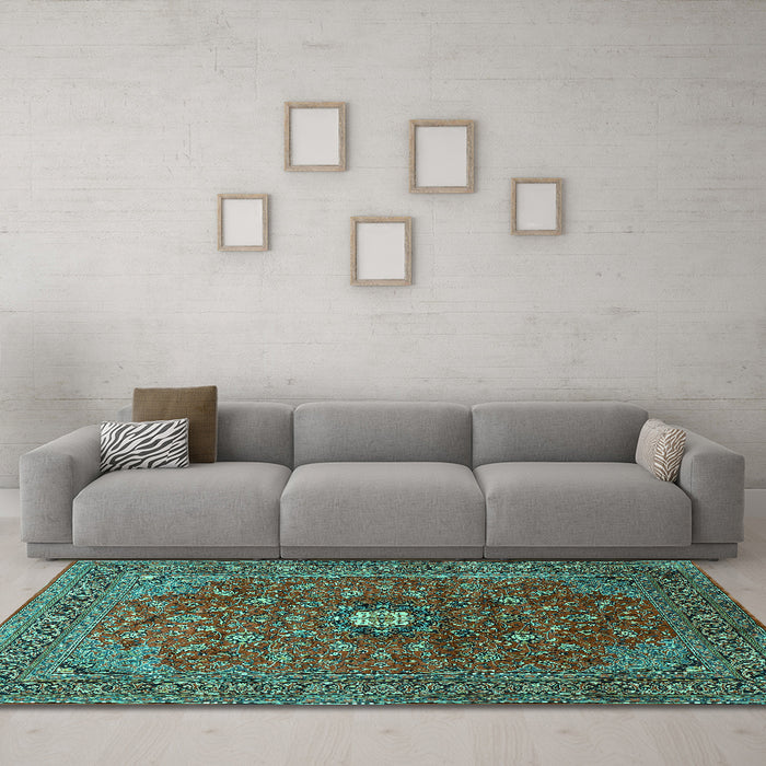 Machine Washable Medallion Turquoise Traditional Area Rugs in a Living Room,, wshtr2146turq