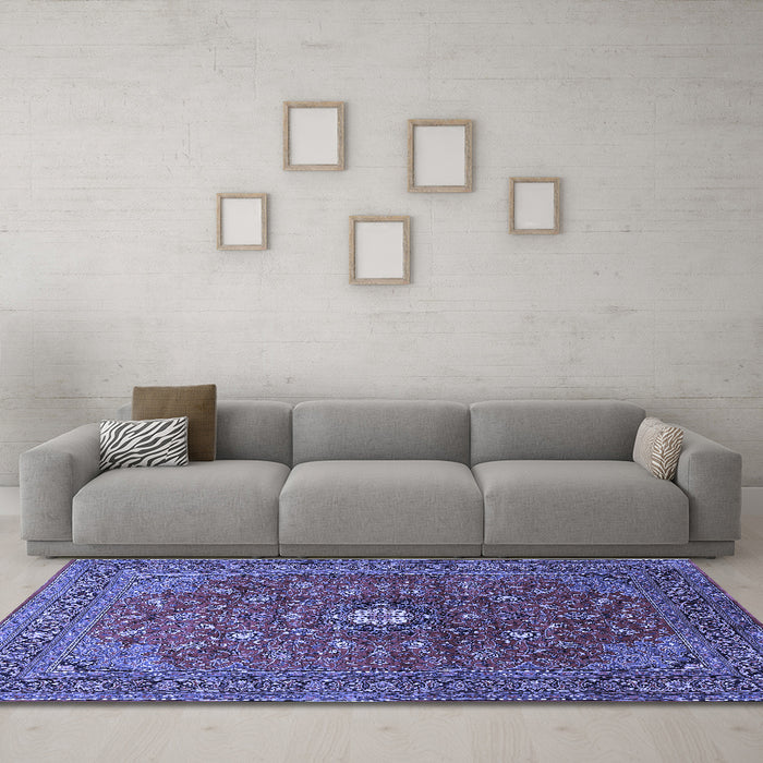 Machine Washable Medallion Blue Traditional Rug in a Living Room, wshtr2146blu