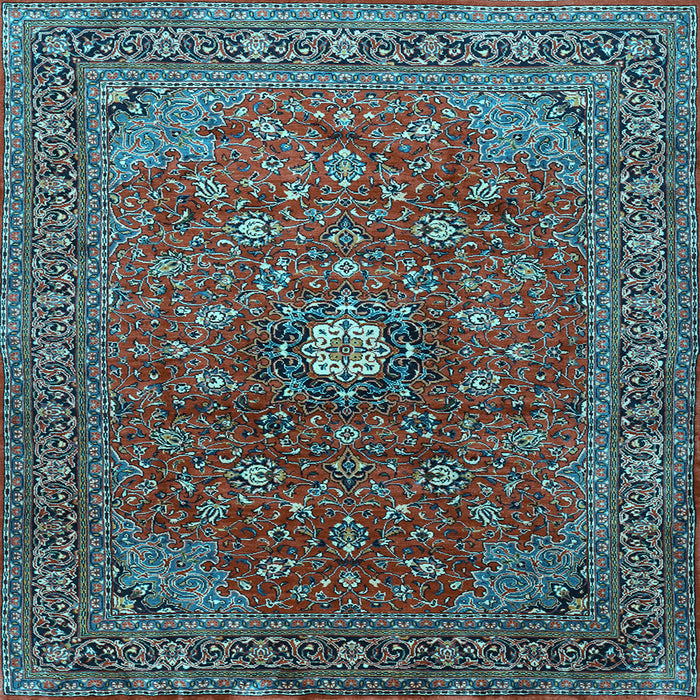 Square Machine Washable Medallion Light Blue Traditional Rug, wshtr2146lblu