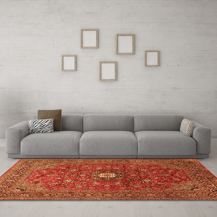 Machine Washable Medallion Orange Traditional Area Rugs in a Living Room, wshtr2146org