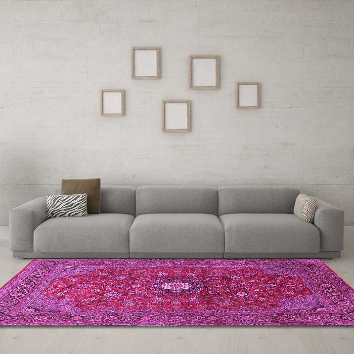Machine Washable Medallion Pink Traditional Rug in a Living Room, wshtr2146pnk