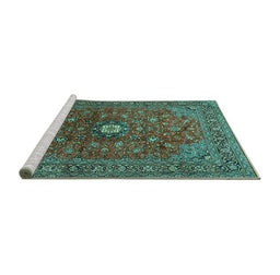 Sideview of Machine Washable Medallion Turquoise Traditional Area Rugs, wshtr2146turq