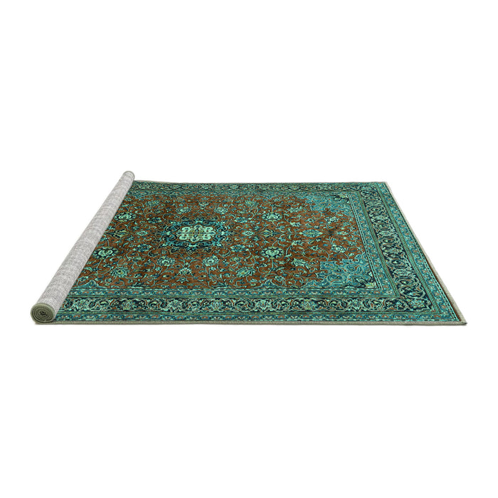 Sideview of Machine Washable Medallion Turquoise Traditional Area Rugs, wshtr2146turq