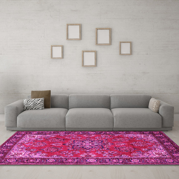 Machine Washable Medallion Pink Traditional Rug in a Living Room, wshtr2149pnk