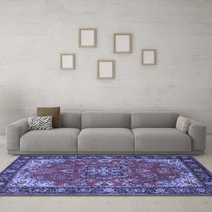 Machine Washable Medallion Blue Traditional Rug in a Living Room, wshtr2149blu