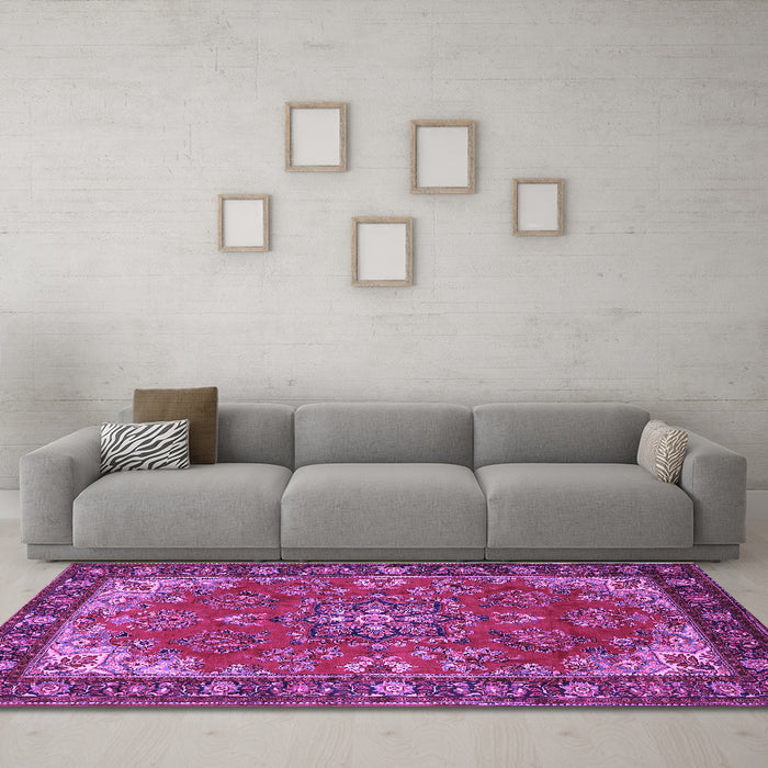 Machine Washable Medallion Purple Traditional Area Rugs in a Living Room, wshtr2149pur