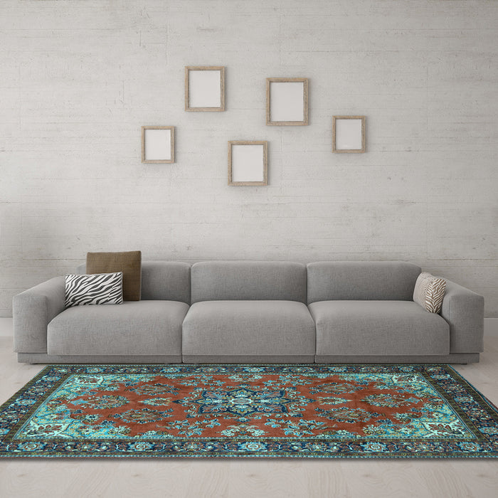 Machine Washable Medallion Light Blue Traditional Rug in a Living Room, wshtr2149lblu
