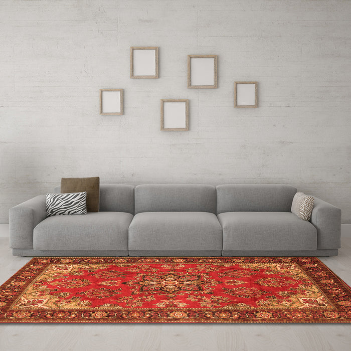 Machine Washable Medallion Orange Traditional Area Rugs in a Living Room, wshtr2149org