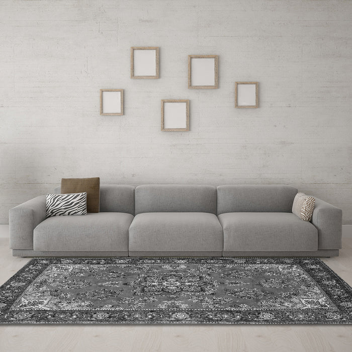 Machine Washable Medallion Gray Traditional Rug in a Living Room,, wshtr2149gry