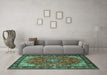 Machine Washable Medallion Turquoise Traditional Area Rugs in a Living Room,, wshtr2149turq