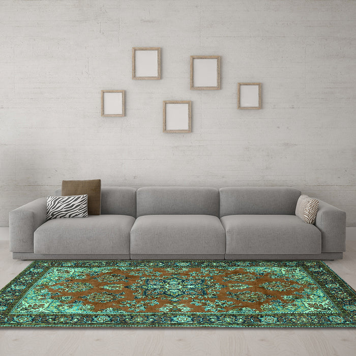 Machine Washable Medallion Turquoise Traditional Area Rugs in a Living Room,, wshtr2149turq