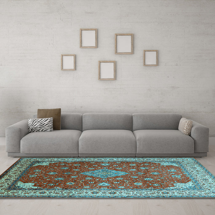 Machine Washable Medallion Light Blue Traditional Rug in a Living Room, wshtr214lblu